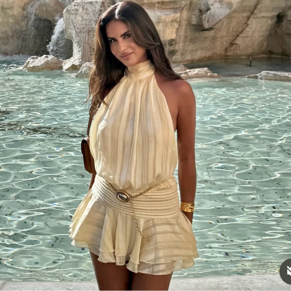 Ruffle hem satin ivory off white mock neck tie open back halter mini dress - Picture 2 of 11